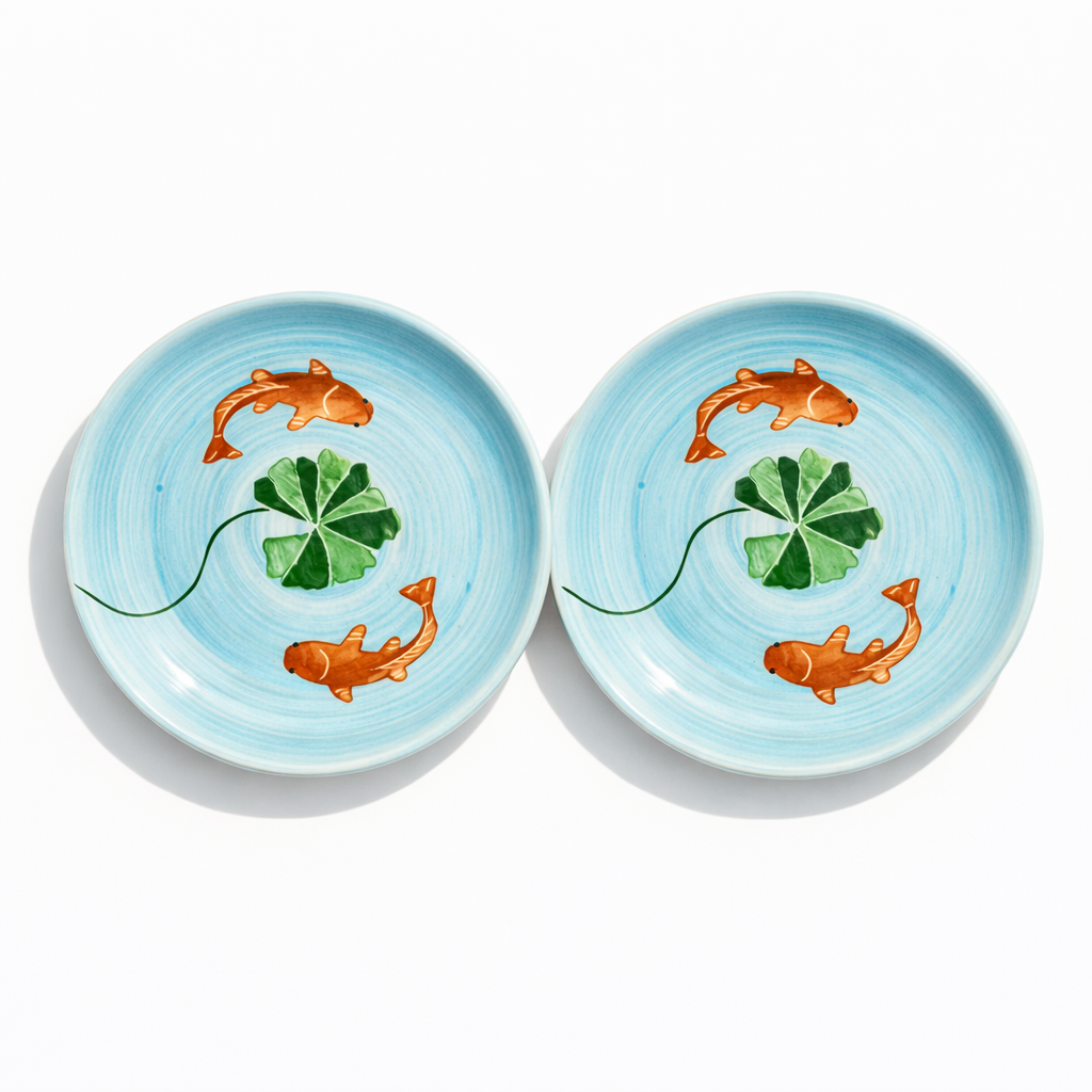 Two ceramic bowls with koi fish and clover design on a light blue background