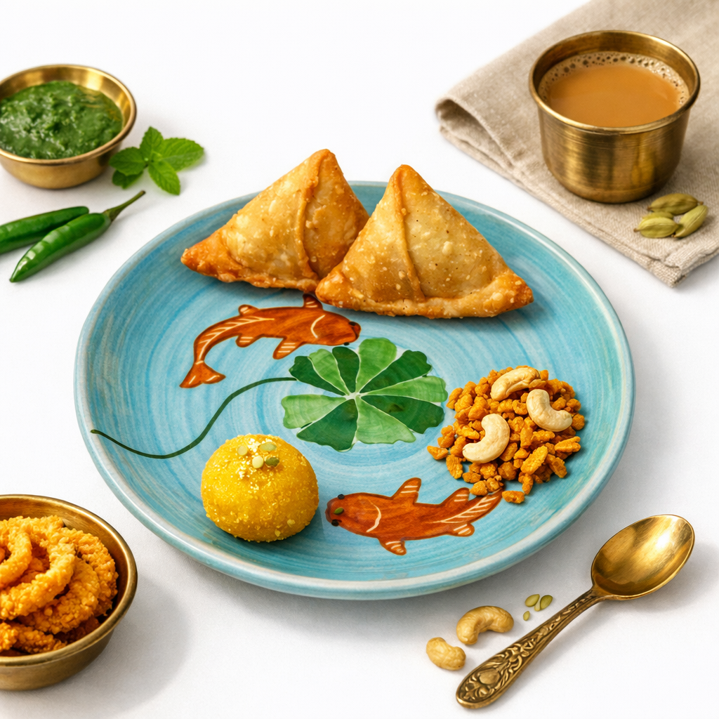 Plated food items including samosas, a lemon, and nuts on a decorative plate with fish designs.