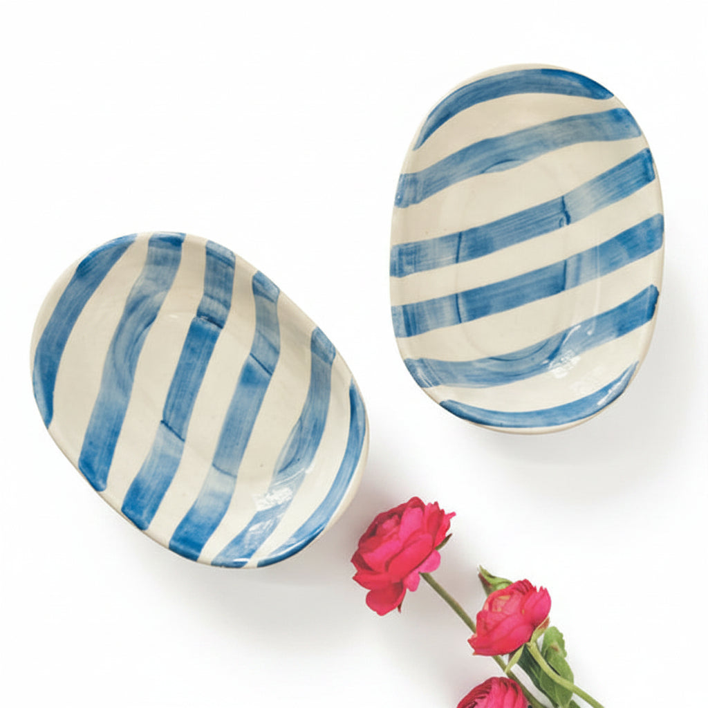 Lavendar Stripe Handpainted Ceramic Bowl
