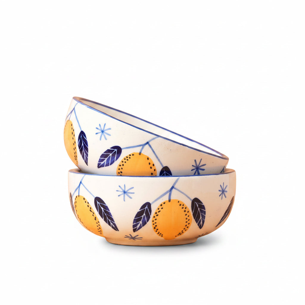 Two ceramic bowls with lemon design on a beige background