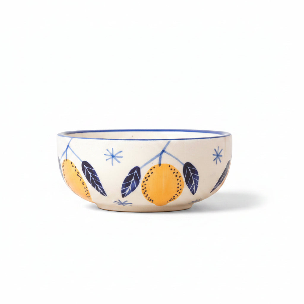 Ceramic bowl with decorative design on a beige background