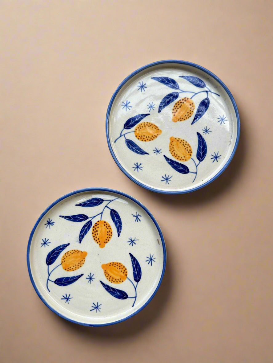 Two ceramic plates with floral patterns on a beige background
