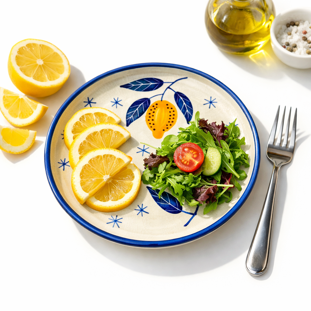Decorative plate with lemon slices and salad, accompanied by a fork on a white background
