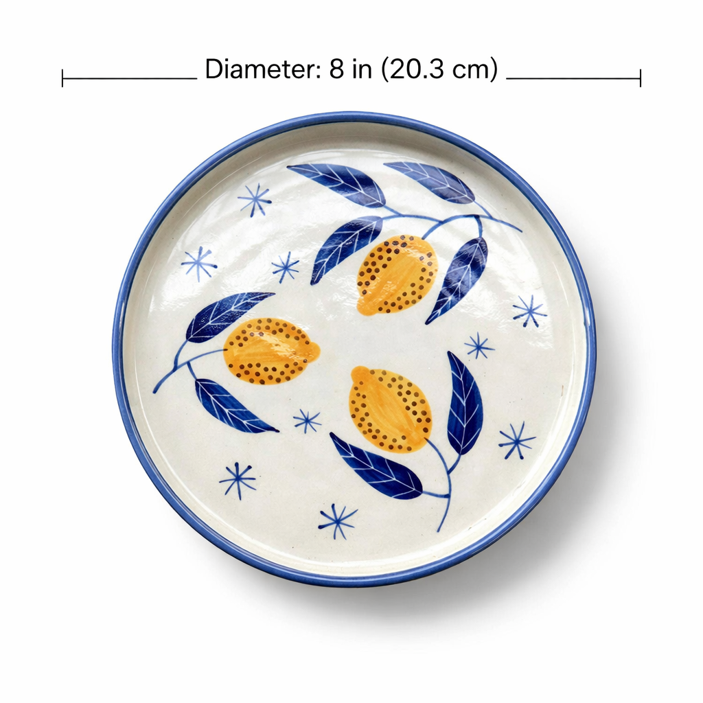 Ceramic plate with lemon design and blue accents, shown with a measurement label.