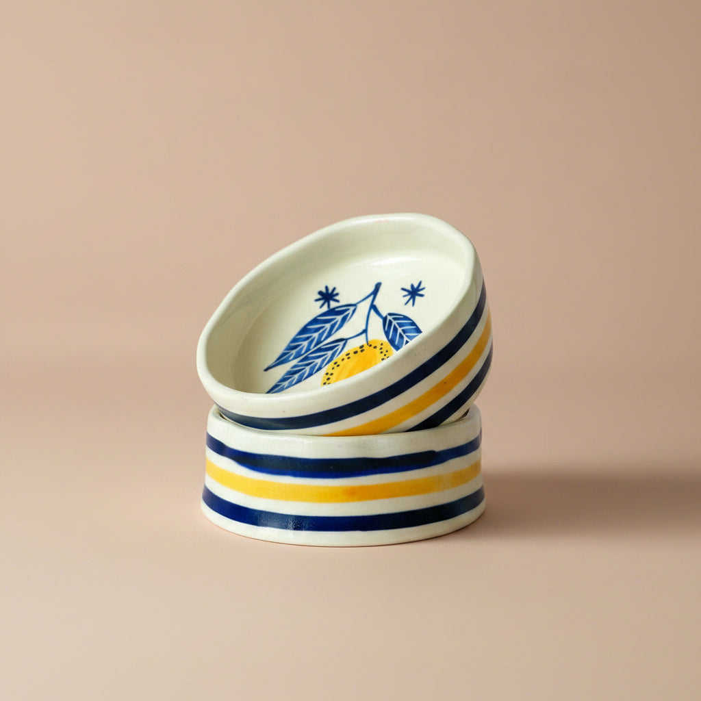 A set of two ceramic cereal bowls with handpainted leaf and lemon designs in colors blue, green, and yellow on a white background with blue striped patterns on the outside.
