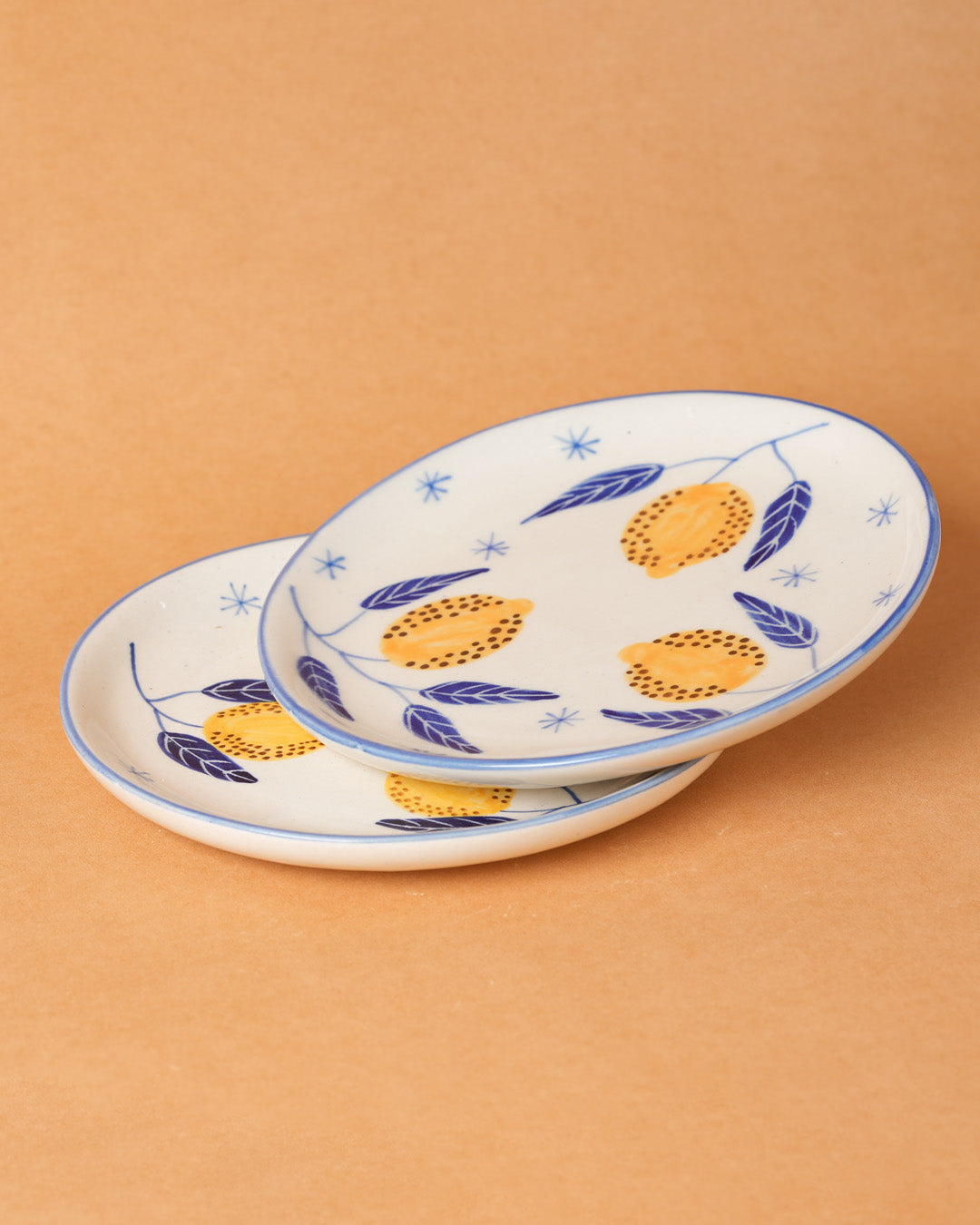 Two ceramic plates with floral patterns on a beige background