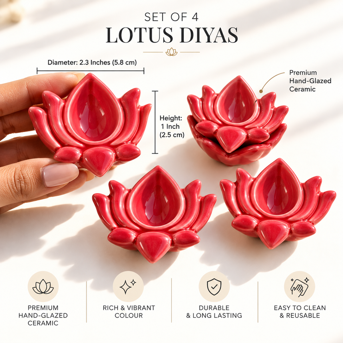 Red Lotus  Ceramic Diya's Set of 4
