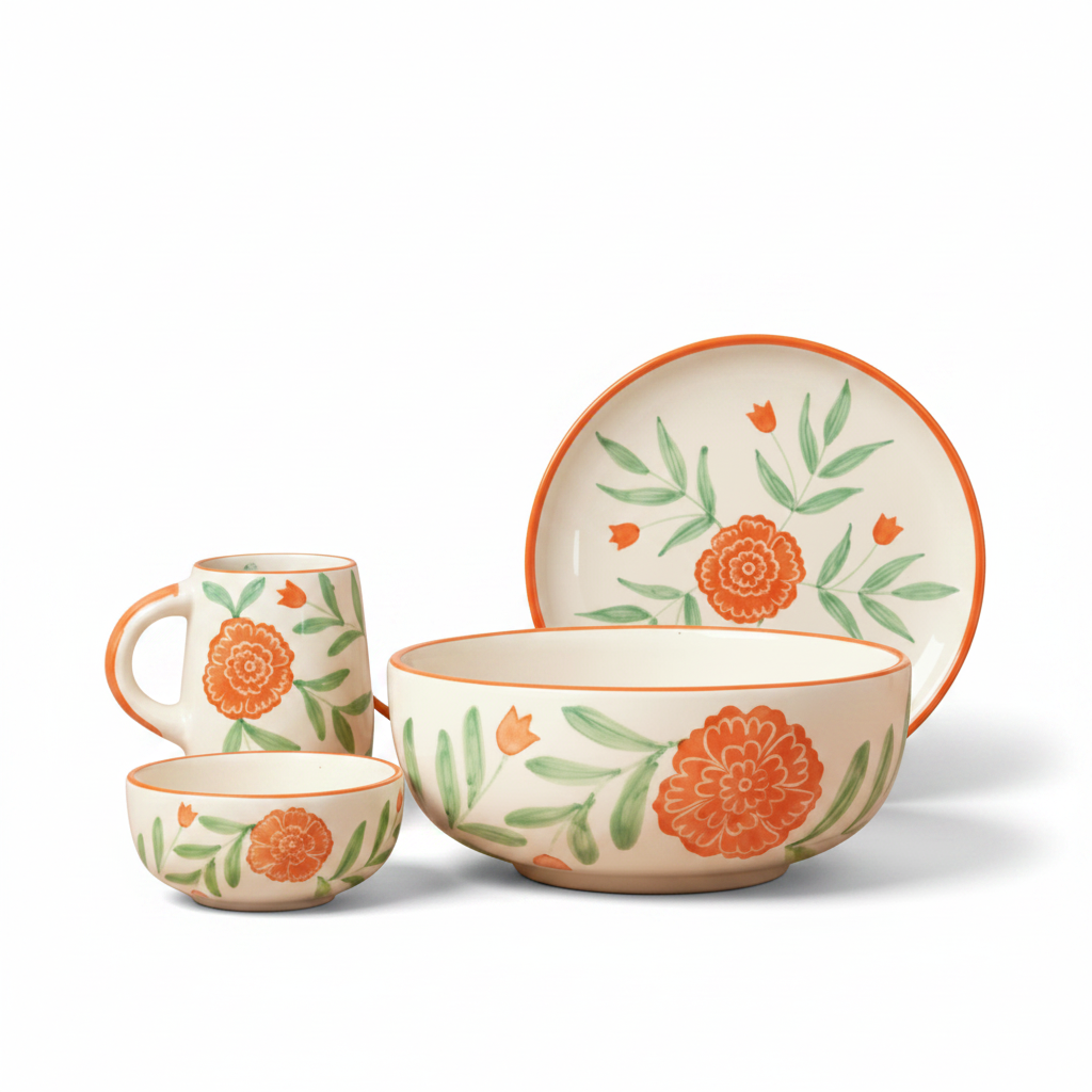 Ceramic dinnerware set with floral design on a beige background