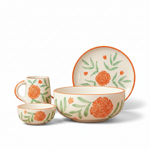 Marigold Mandi Handpainted Ceramic Breakfast Set of 4 featuring a complete tableware kit with festive orange marigold floral patterns