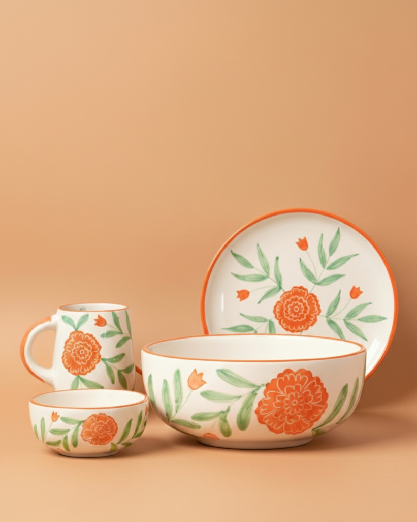 Ceramic dinnerware set with floral design on a beige background