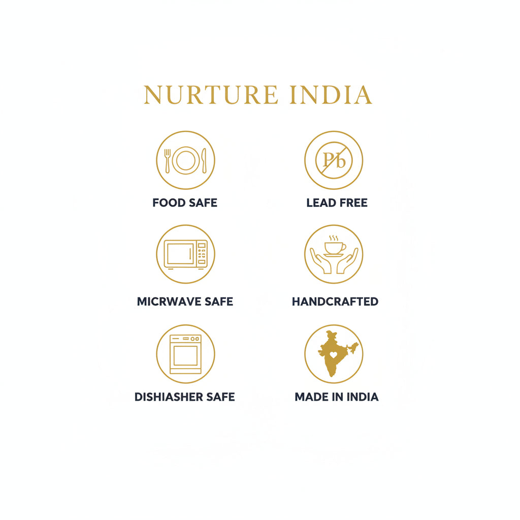 Certification icons for food safe, lead free, microwave safe, handcrafted, dishwasher safe, and made in India on a white background.