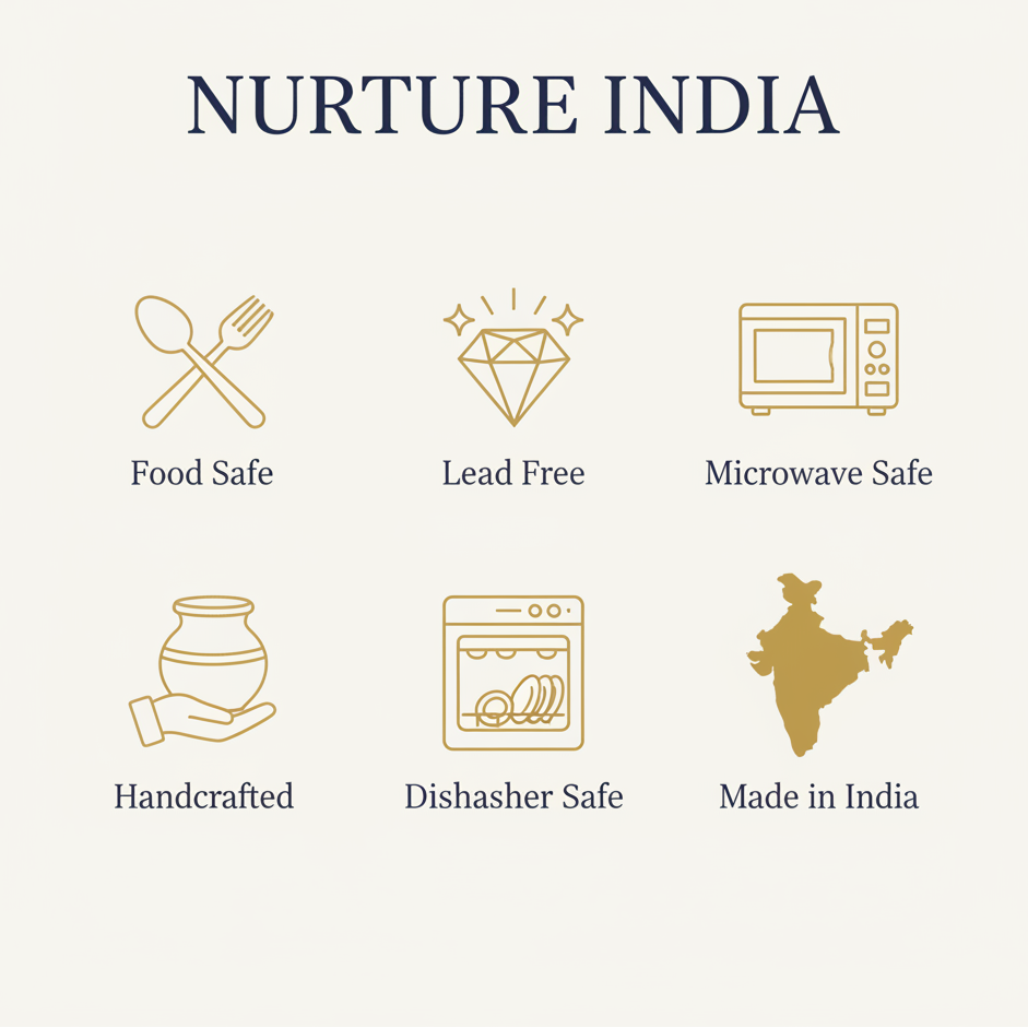 Certification icons for food safe, lead free, microwave safe, handcrafted, dishwasher safe, and made in India on a white background.