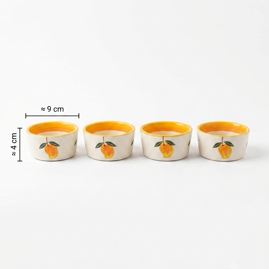 Four small white ceramic ramekins with yellow-orange interiors and lemon illustrations, shown on a white background with dimension lines indicating approximately 9 cm width and 4 cm height.