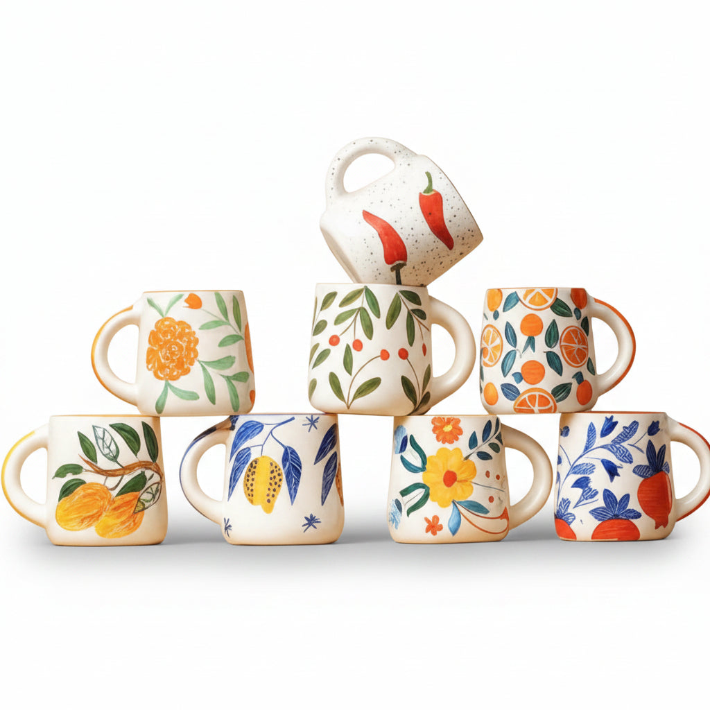 Set of colorful mugs with floral and fruit patterns on a beige background