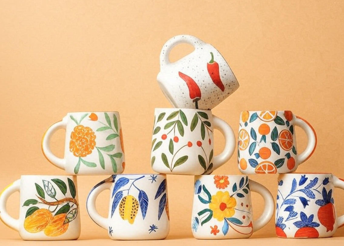 Set of colorful mugs with floral and fruit patterns on a beige background