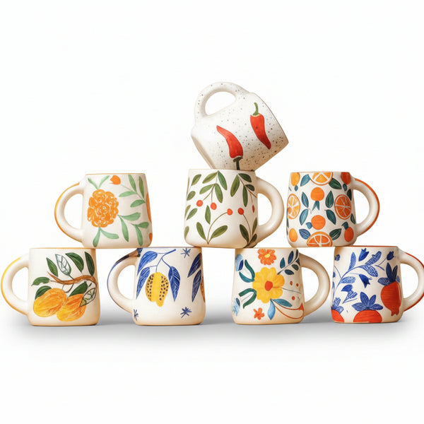 Set of colorful mugs with floral and fruit patterns on a beige background