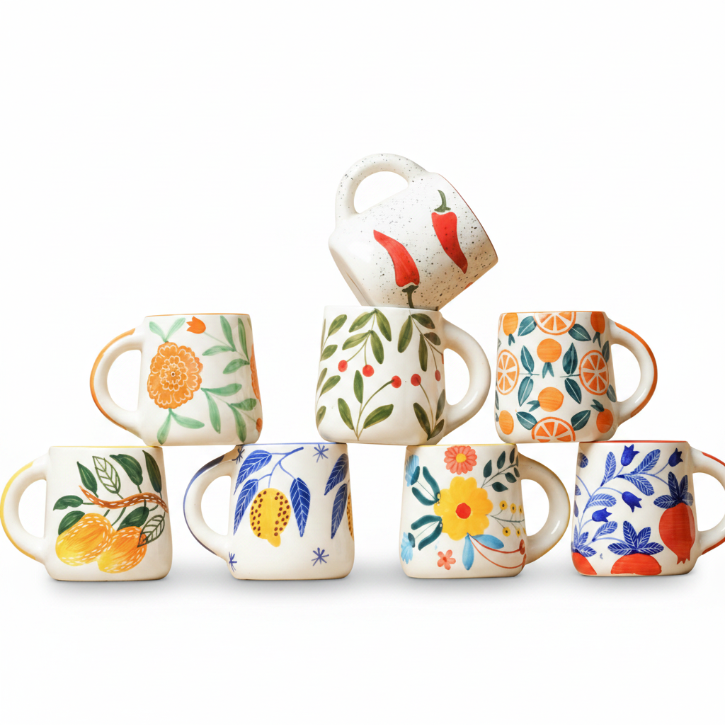 Set of colorful ceramic mugs with floral and fruit designs on a beige background