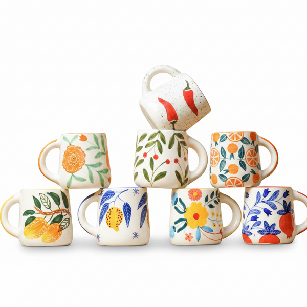 Set of colorful ceramic mugs with floral and fruit designs on a beige background