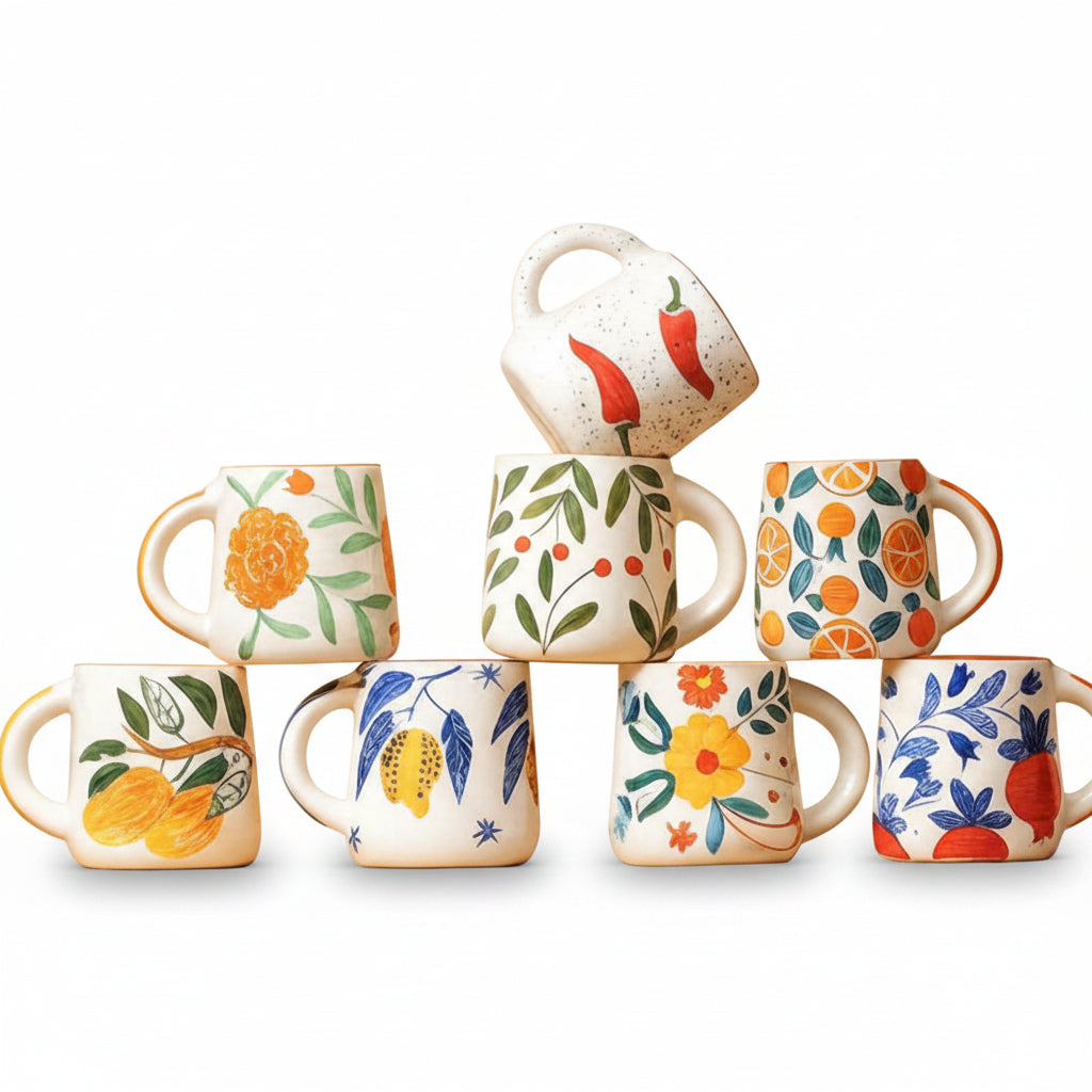 Set of colorful mugs with floral and fruit patterns on a beige background