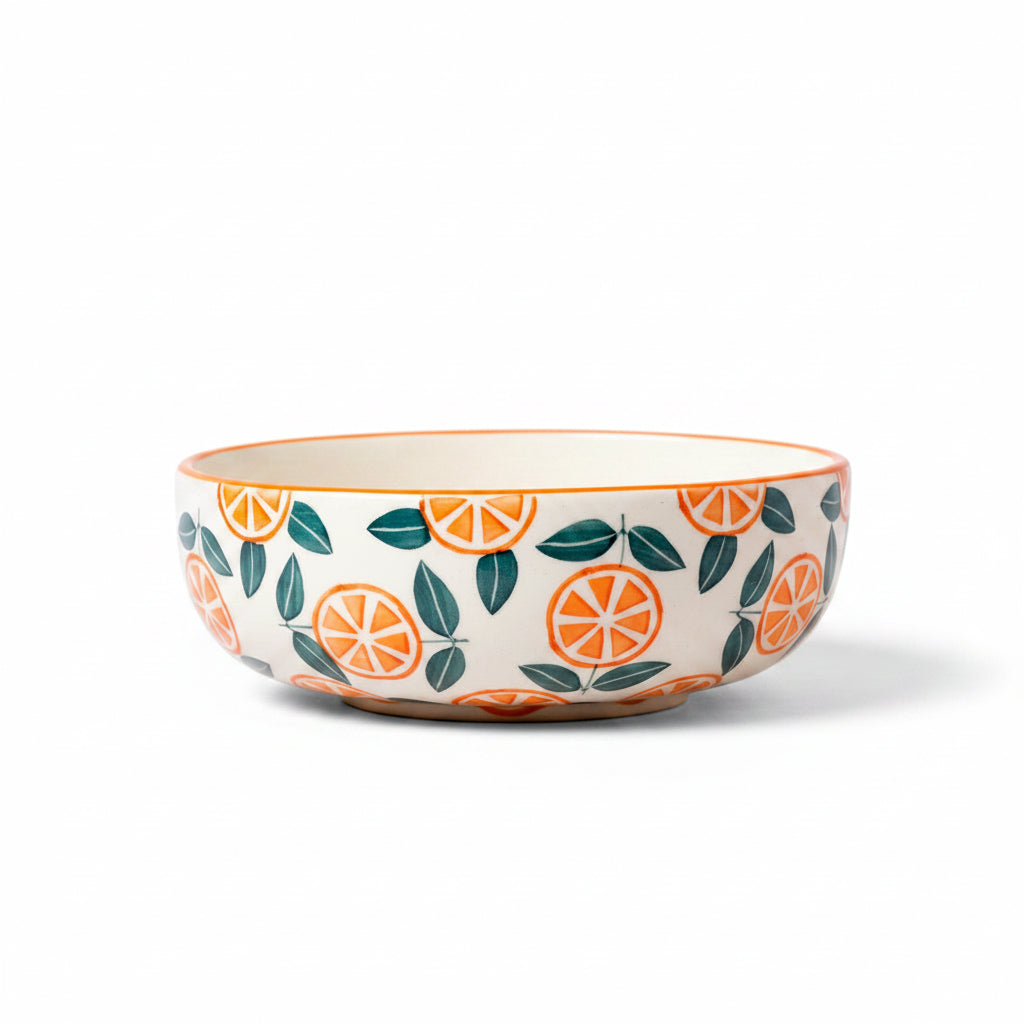Ceramic bowl with orange and leaf pattern on a beige background