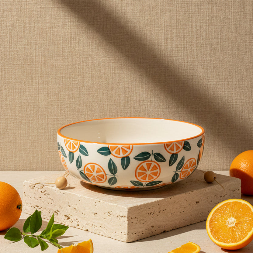 Ceramic bowl with orange and leaf pattern on a beige background