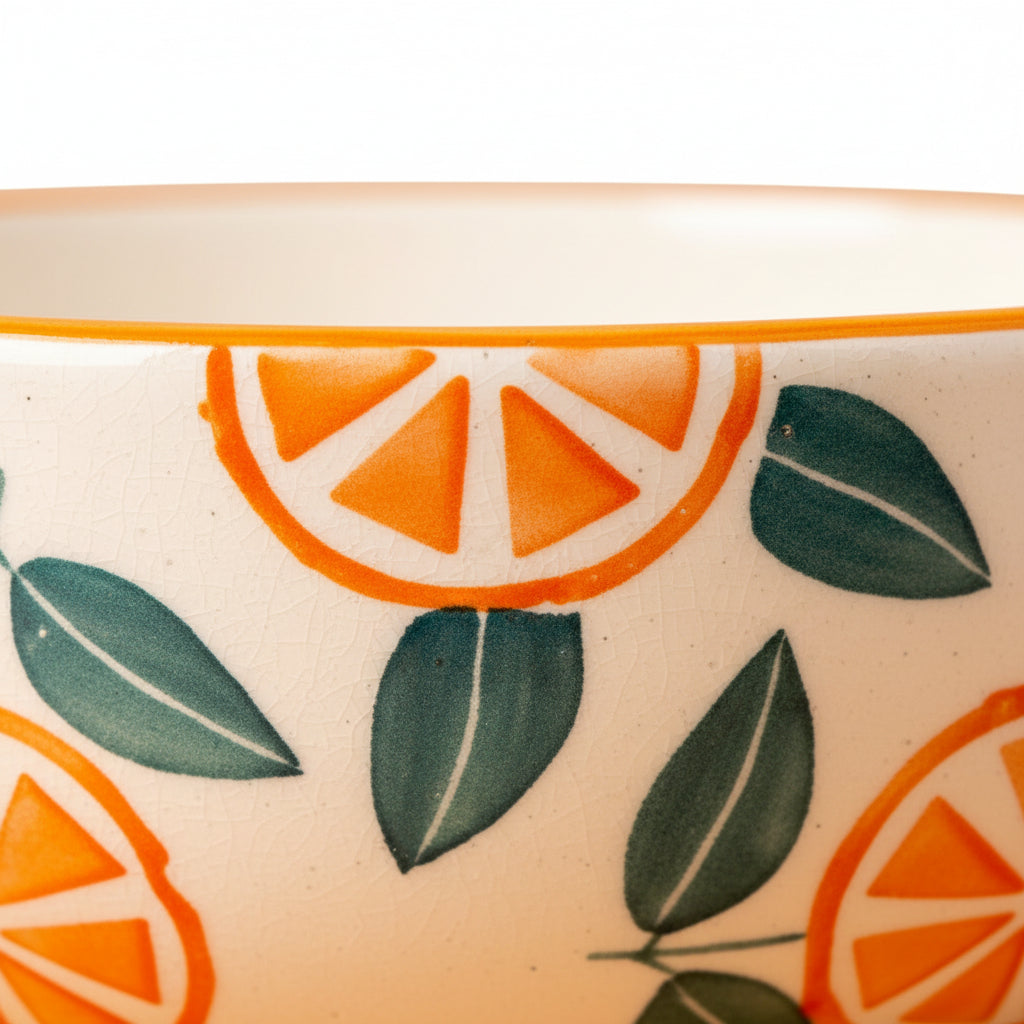 Ceramic bowl with orange and leaf pattern on a beige background