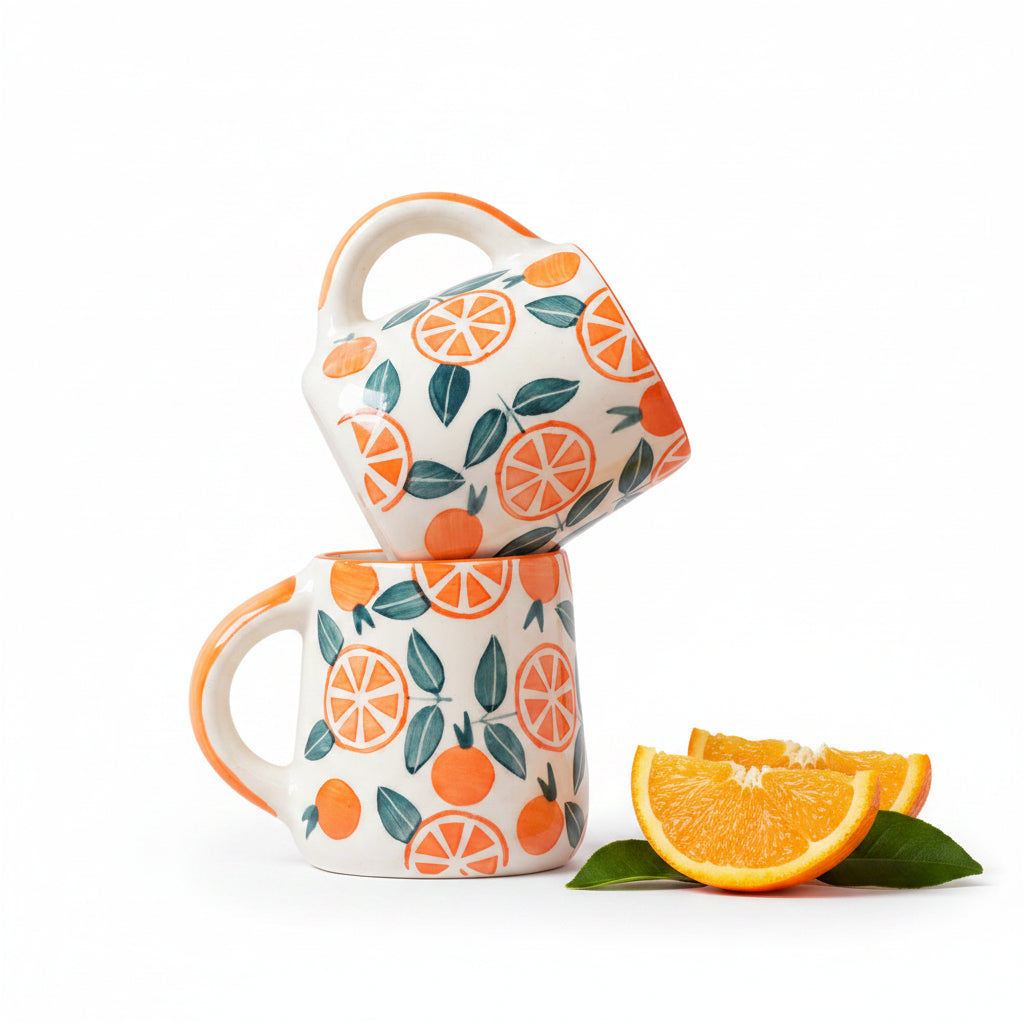Two mugs with orange and leaf pattern stacked on a beige background