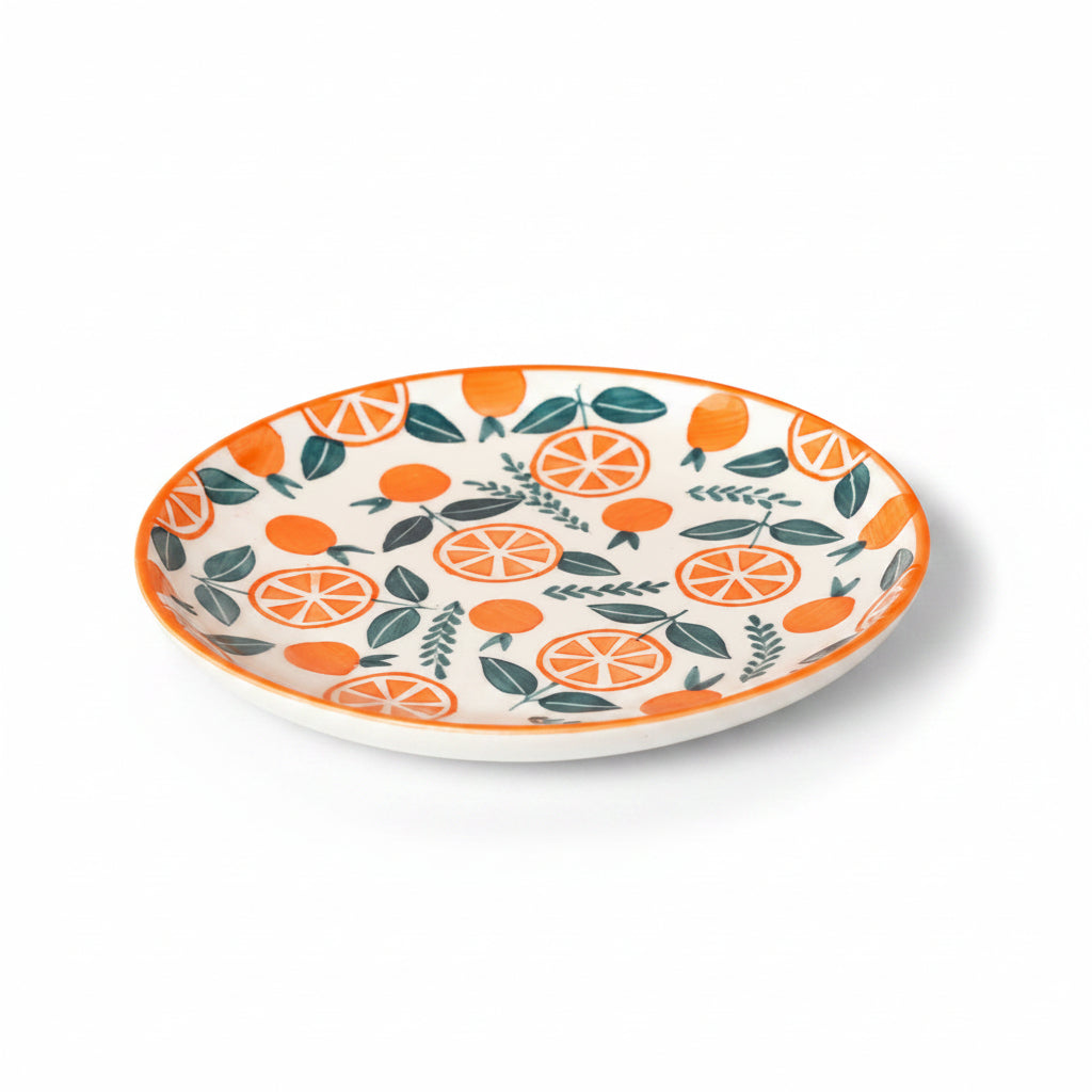 Narangi Orange ceramic dinner plate with a cheerful and fresh citrus print.