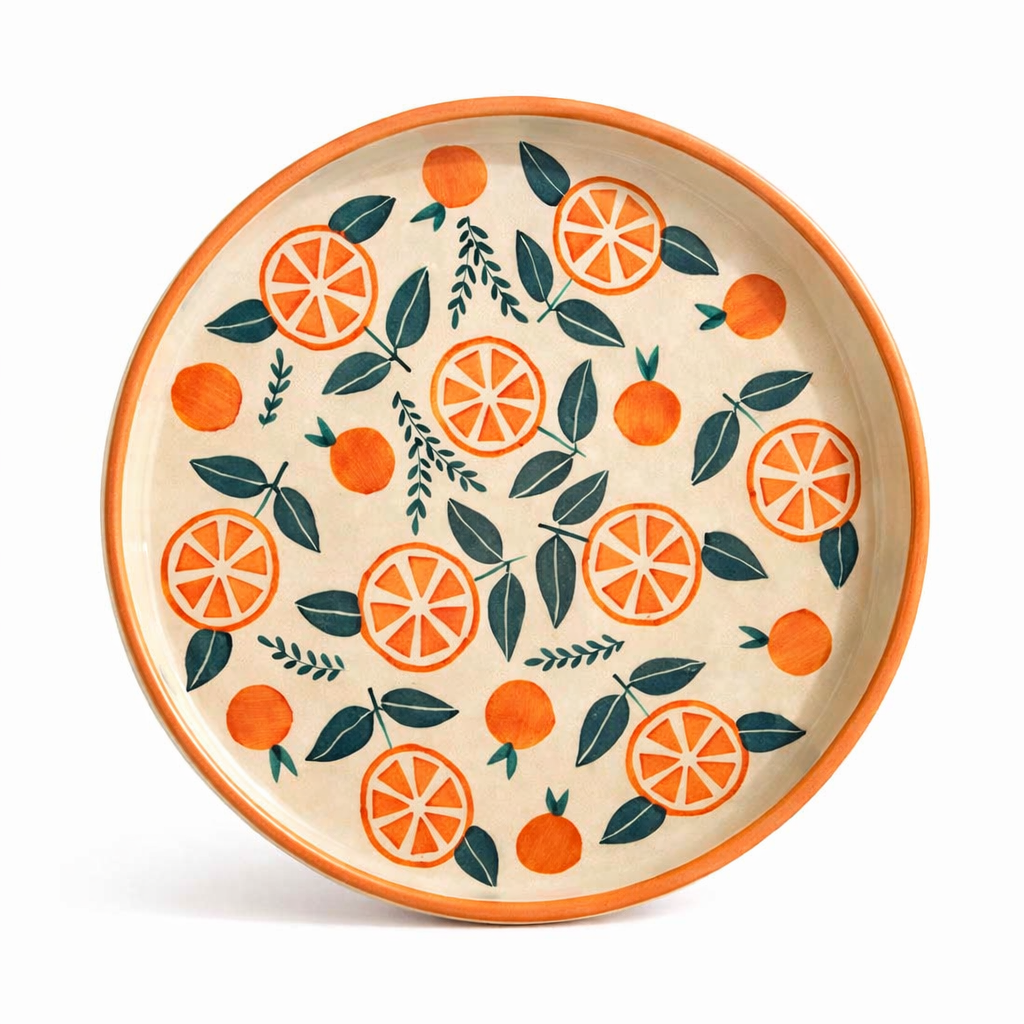 Decorative plate with orange and leaf pattern on a white background