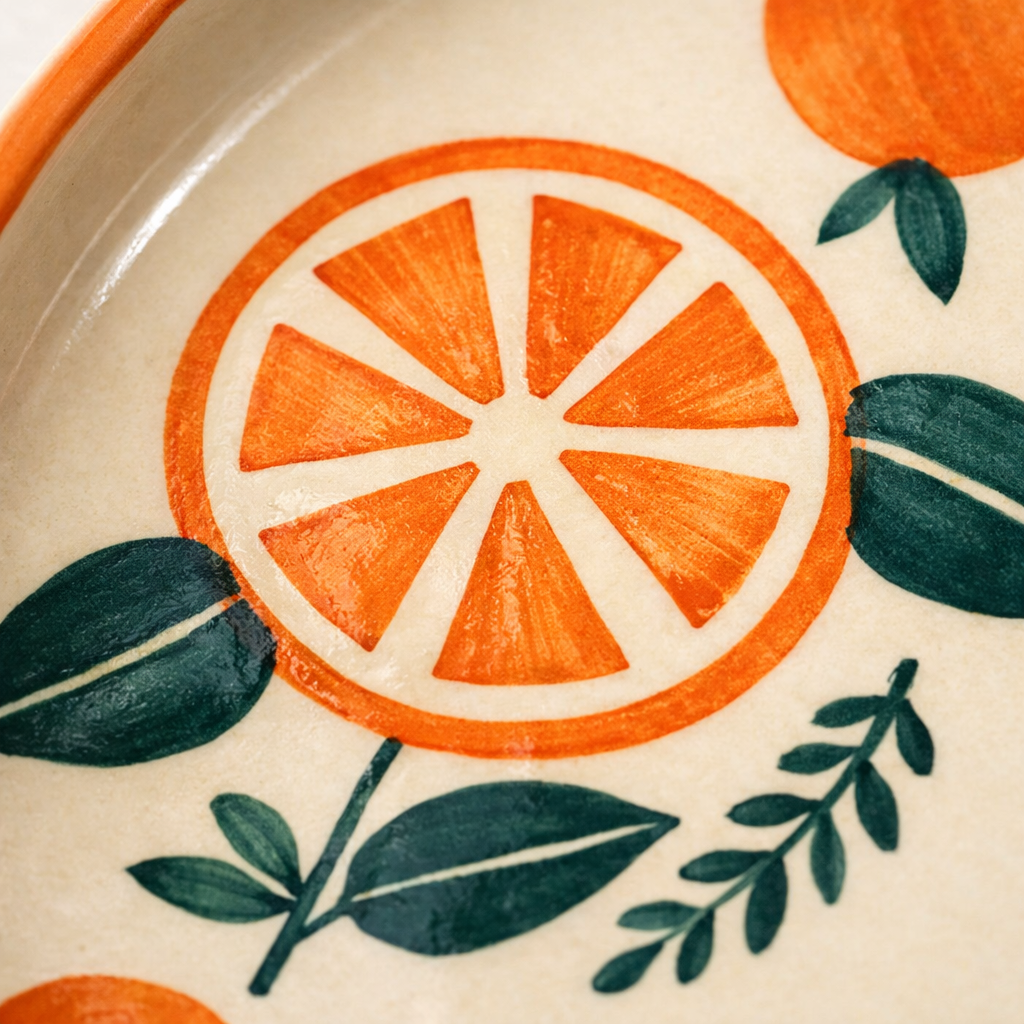 Decorative plate with orange slices and leaves on a beige background