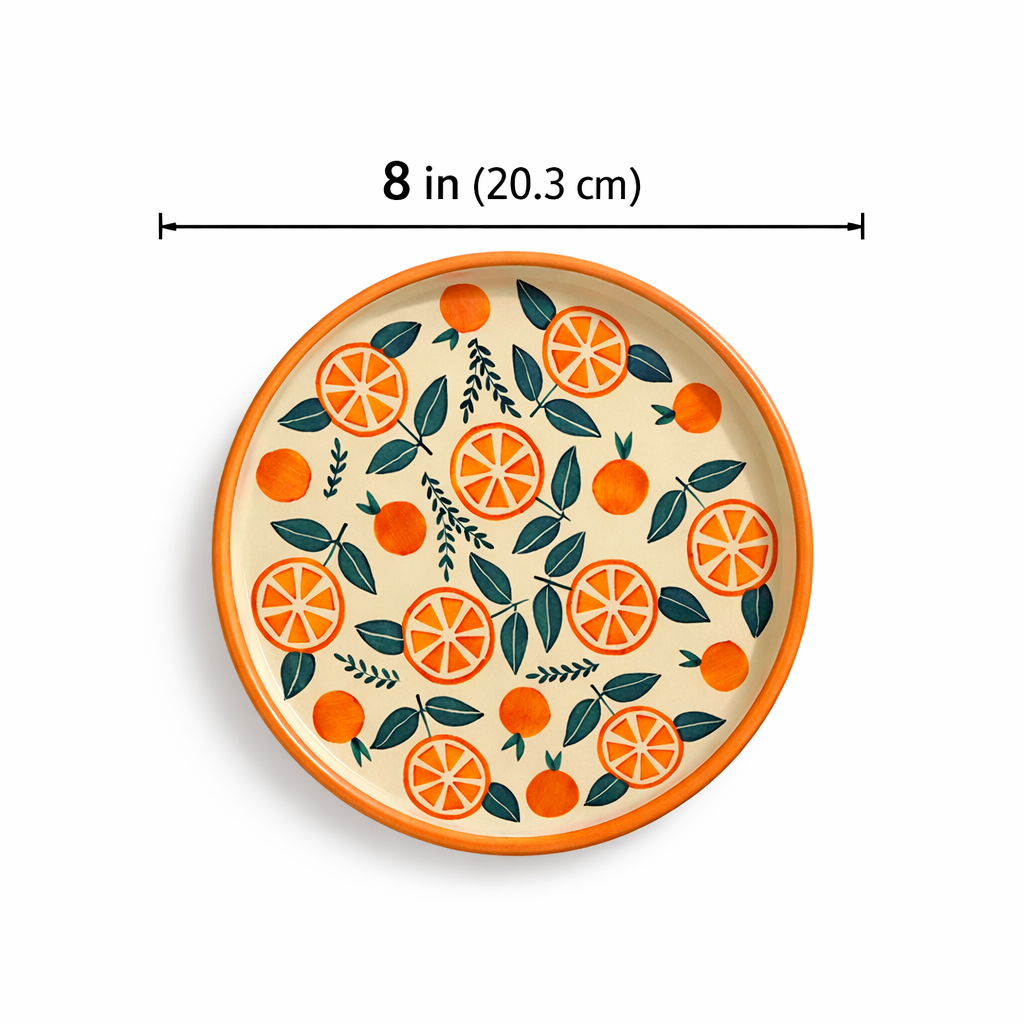 Round plate with orange and leaf pattern and measurement label on a white background