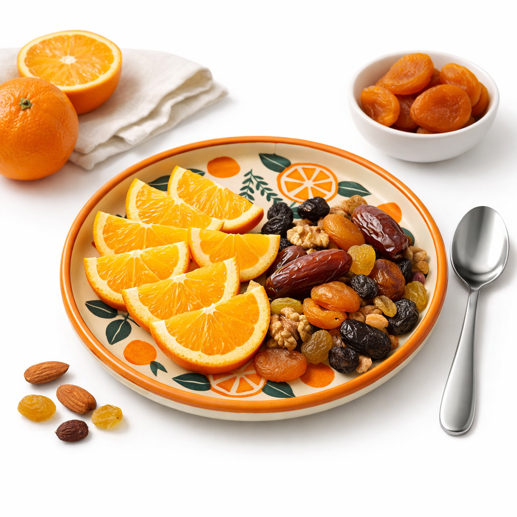 Oranges, raisins, and apricots on a decorative plate with a spoon on a white background