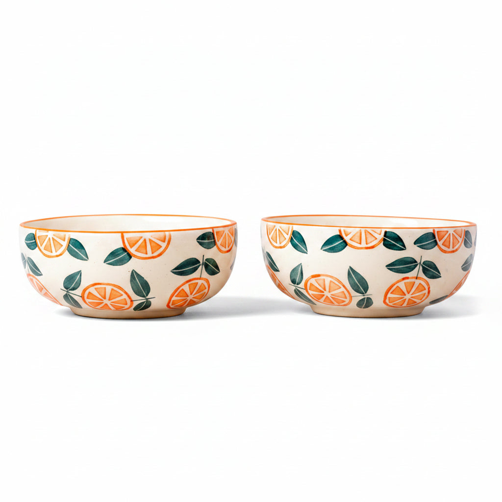Two ceramic bowls with fruit pattern on a beige background