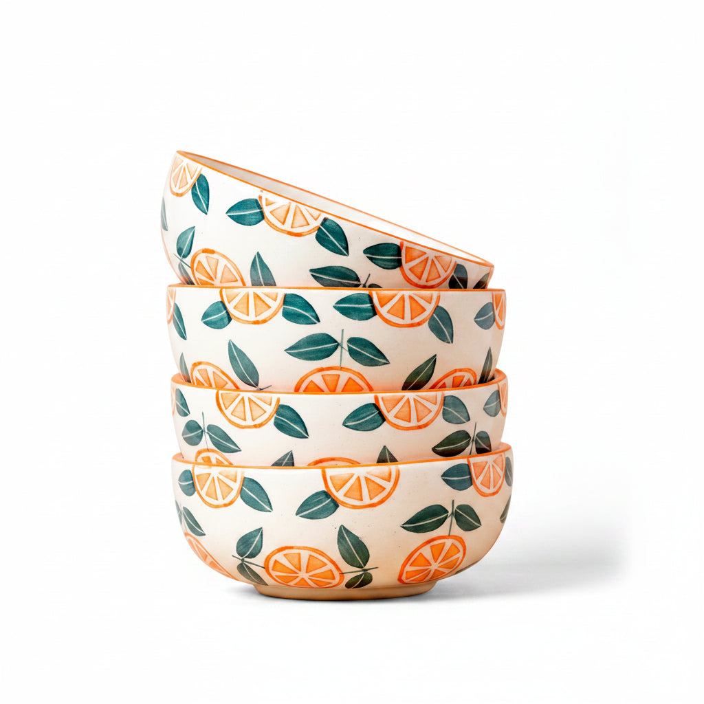 Set of four ceramic bowls with orange and leaf pattern on a beige background