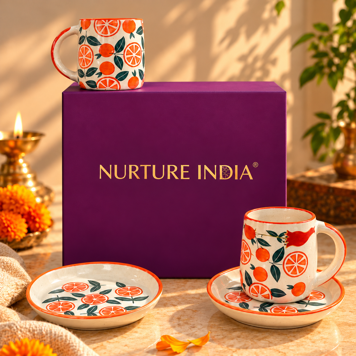 Set of 2 Mugs & 2 Tapas Plate - Gift Box (Purple)