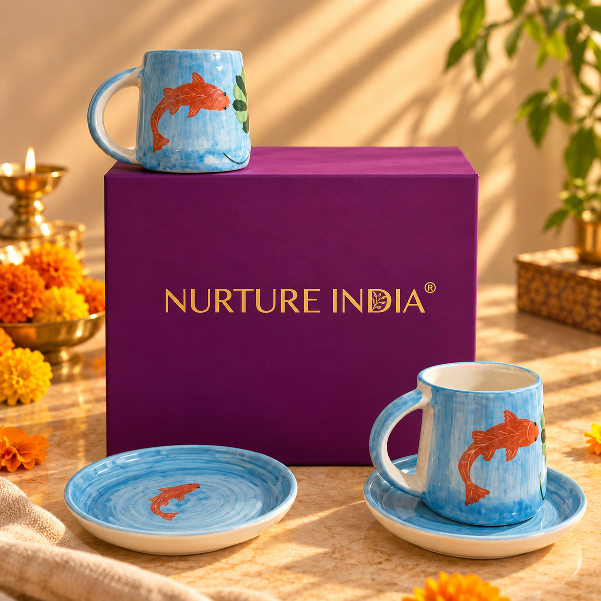Set of 2 Mugs & 2 Tapas Plate - Gift Box (Purple)