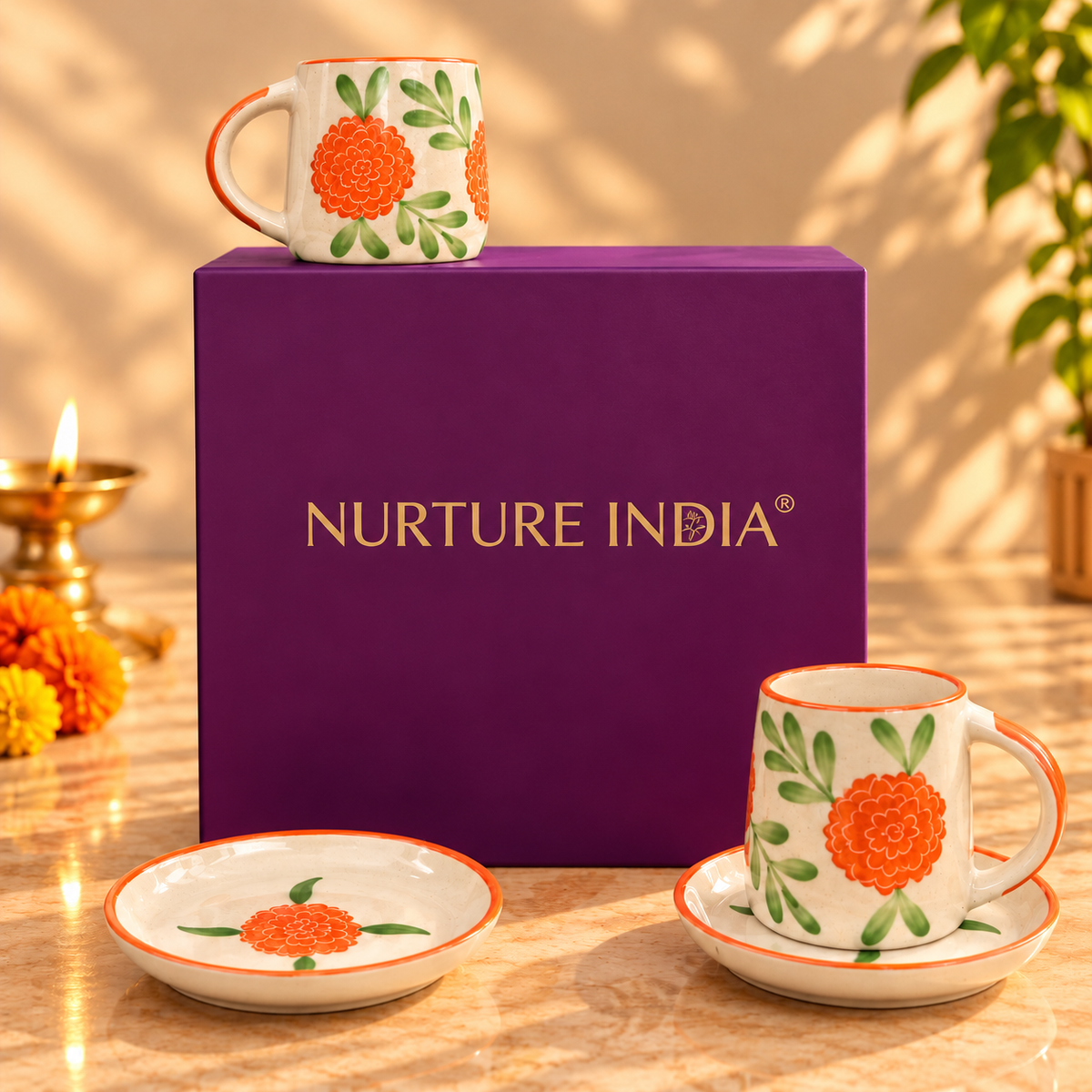 Set of 2 Mugs & 2 Tapas Plate - Gift Box (Purple)