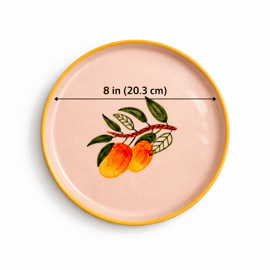 Round plate with a yellow rim and peach-colored center featuring an illustration of oranges and leaves, with a measurement label indicating the diameter.