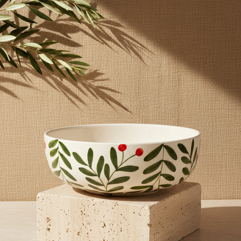 Ceramic bowl with leaf and berry design on a beige background