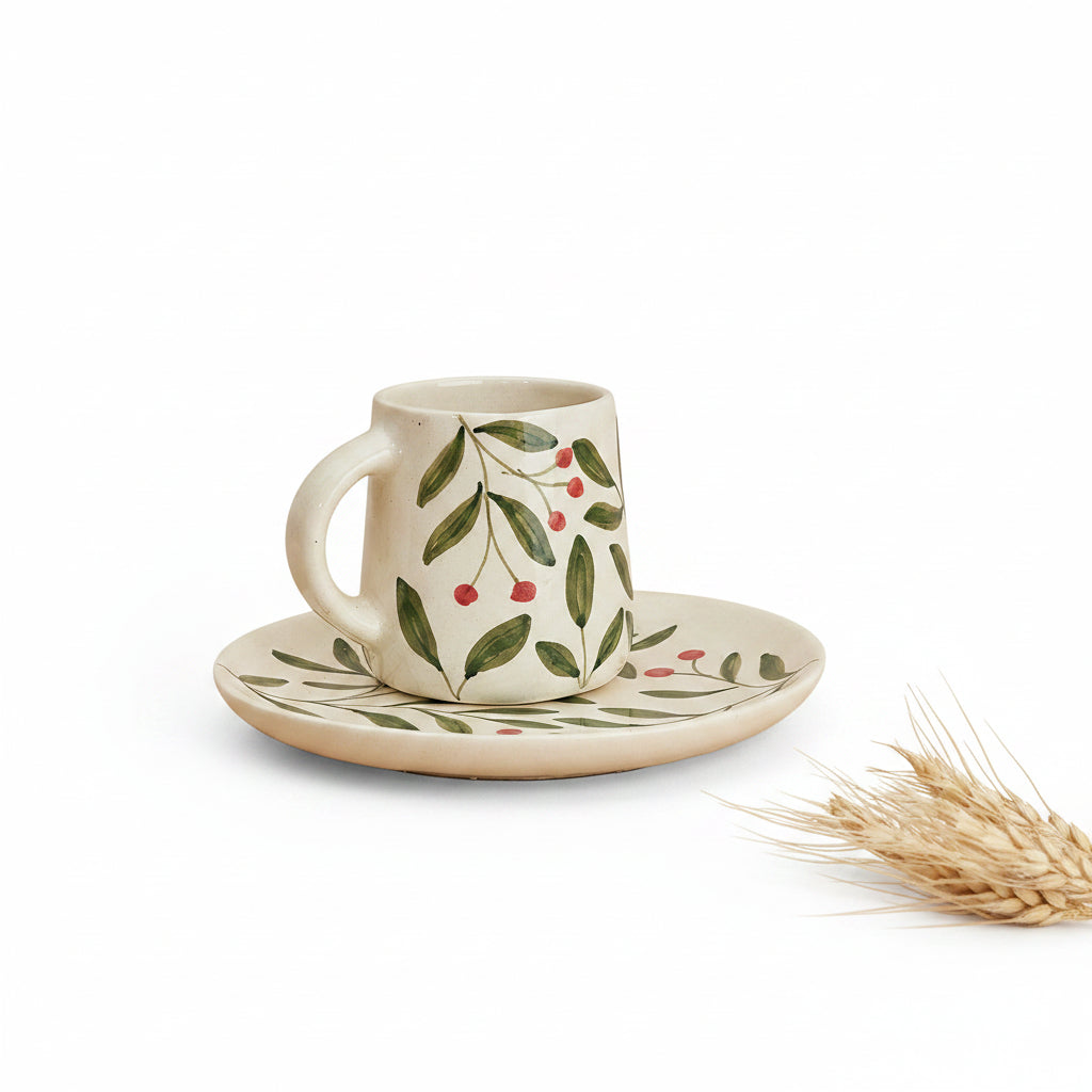 Olive Leaf ceramic mug and plate set with matching green leaf illustrations