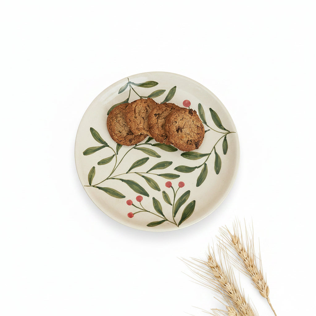 Olive Leaf ceramic dinner plate with a classic Mediterranean olive leaf print