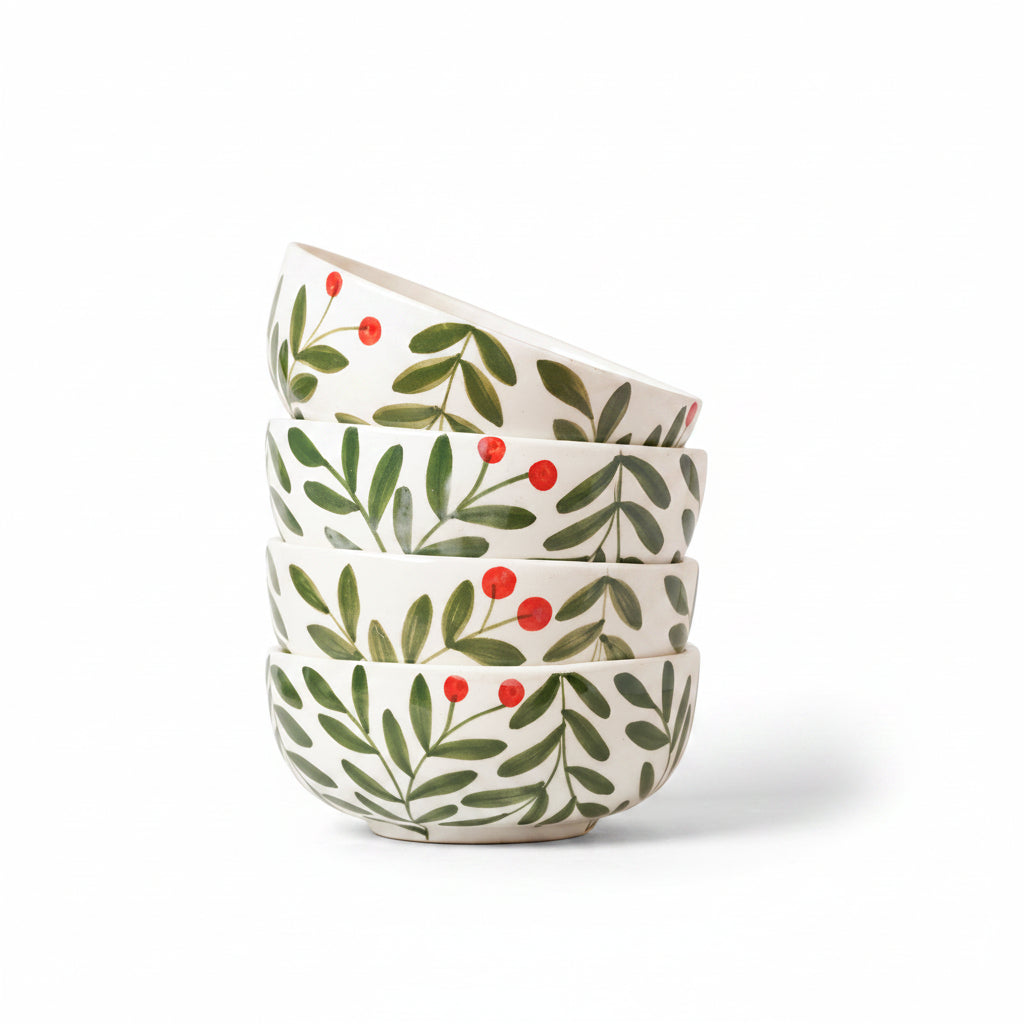Stack of four ceramic bowls with leaf and berry pattern on a beige background