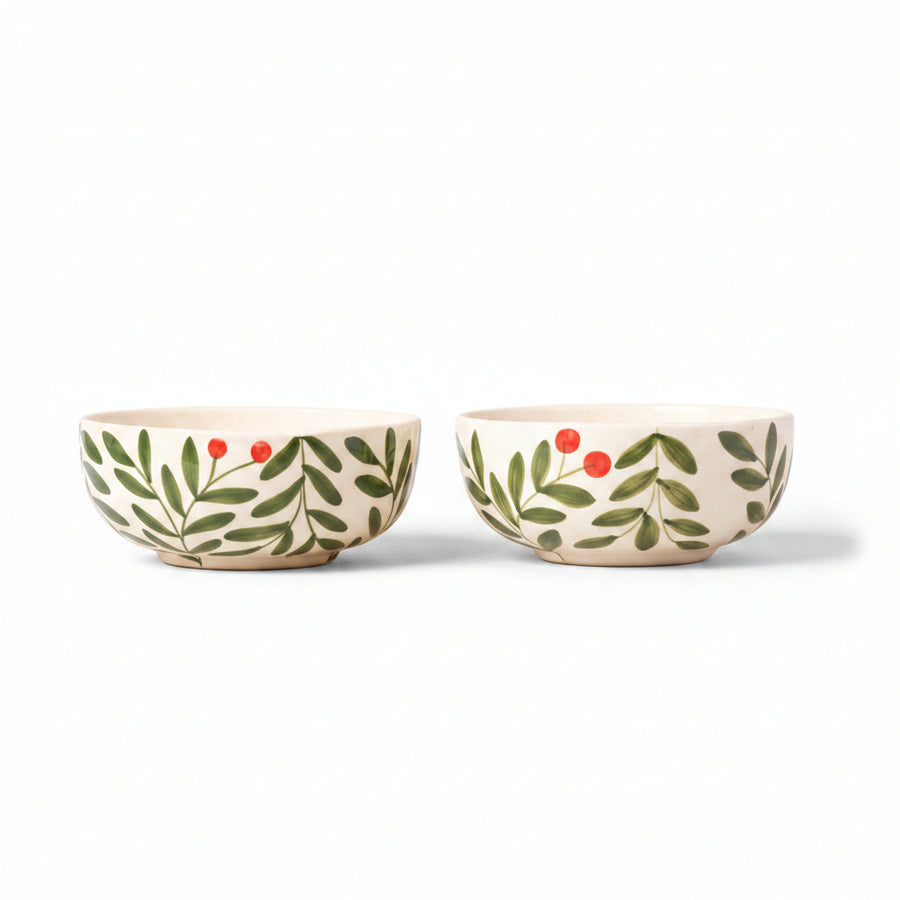 Olive Leaf ceramic bowl featuring a beautiful hand-painted green olive leaf motif.