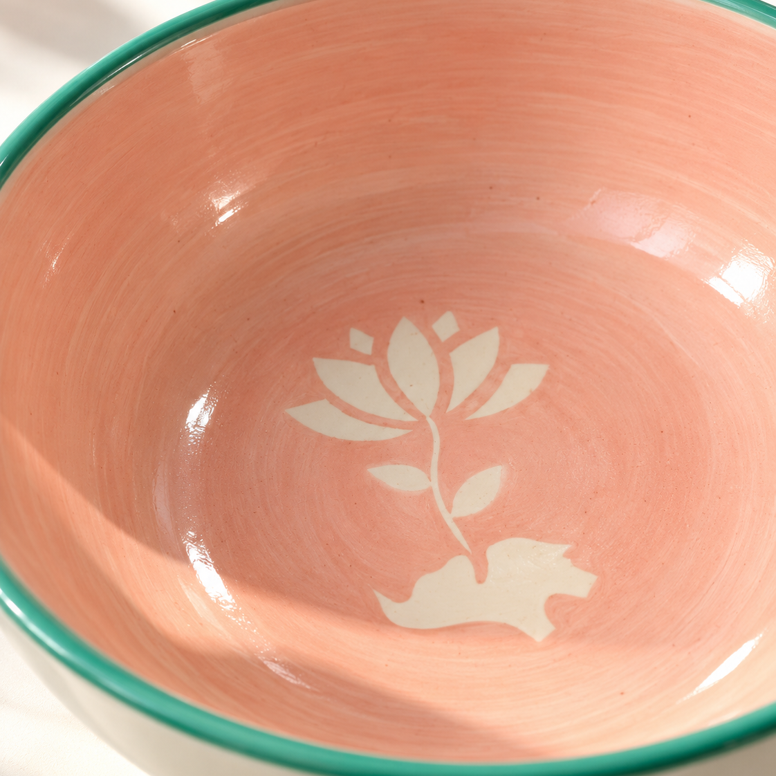 Lucky Lotus Handpainted Ceramic Bowl - Large (Pink & Green )