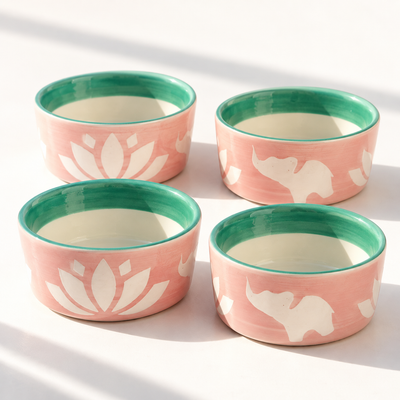 Lucky Lotus Handpainted Ceramic Ramekin Bowls Set of 4 - Pink