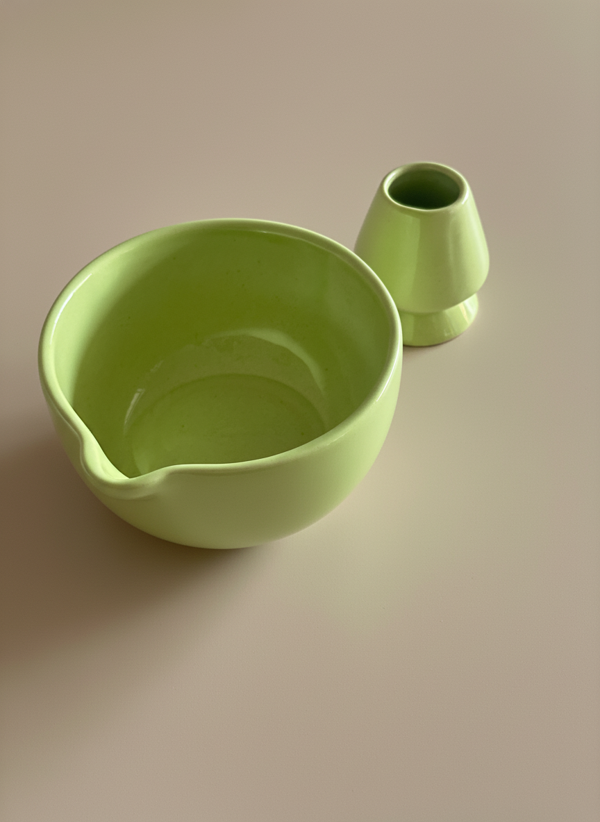 Green ceramic bowl and cup on a beige background