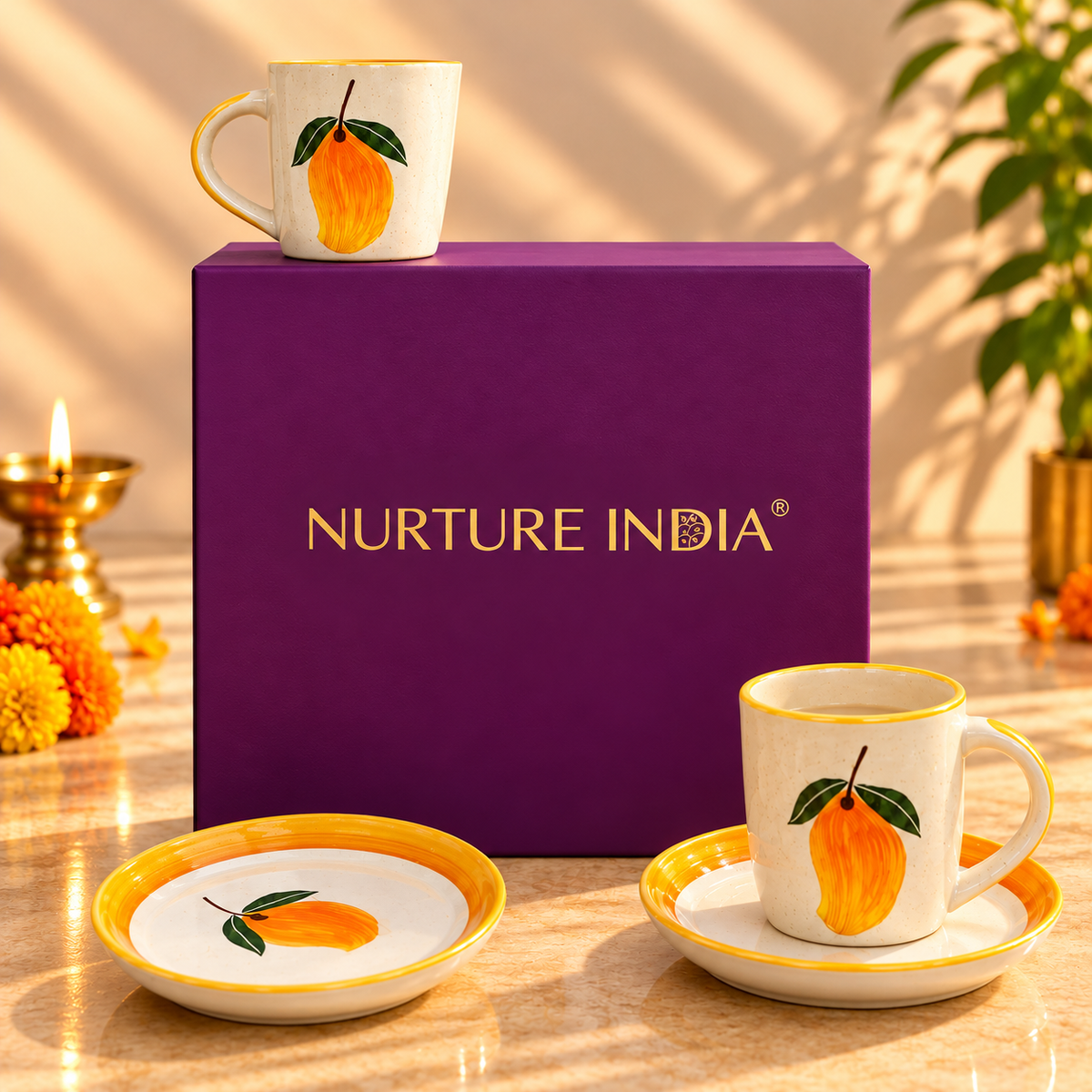 Set of 2 Mugs & 2 Tapas Plate - Gift Box (Purple)