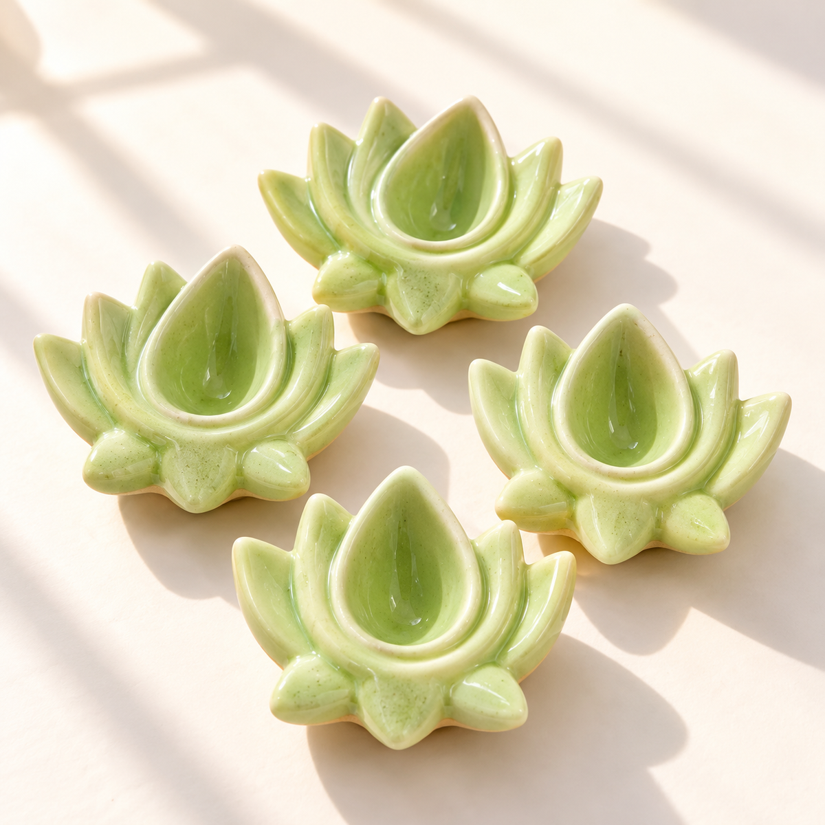 Green Lotus Ceramic Diya's Set of 4