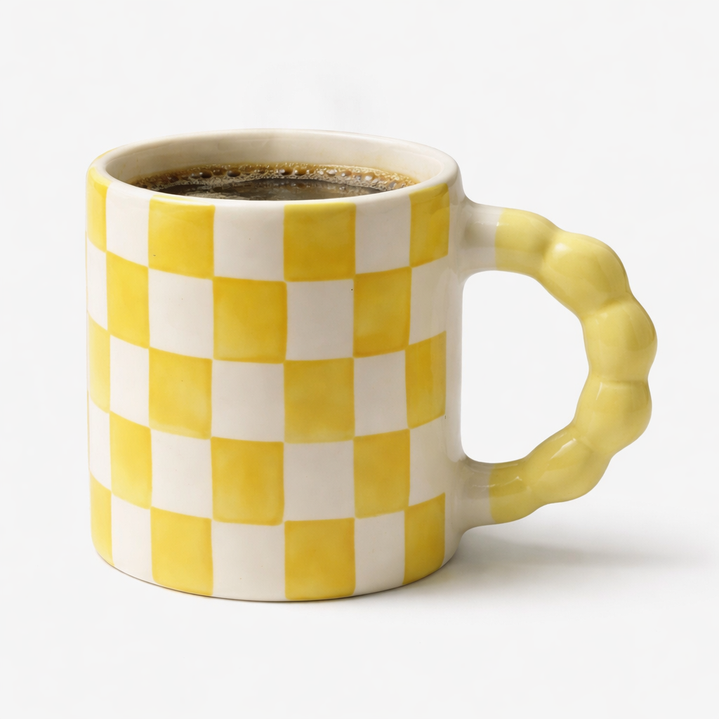 Ghingham Checkerboard Print- Yellow Mug