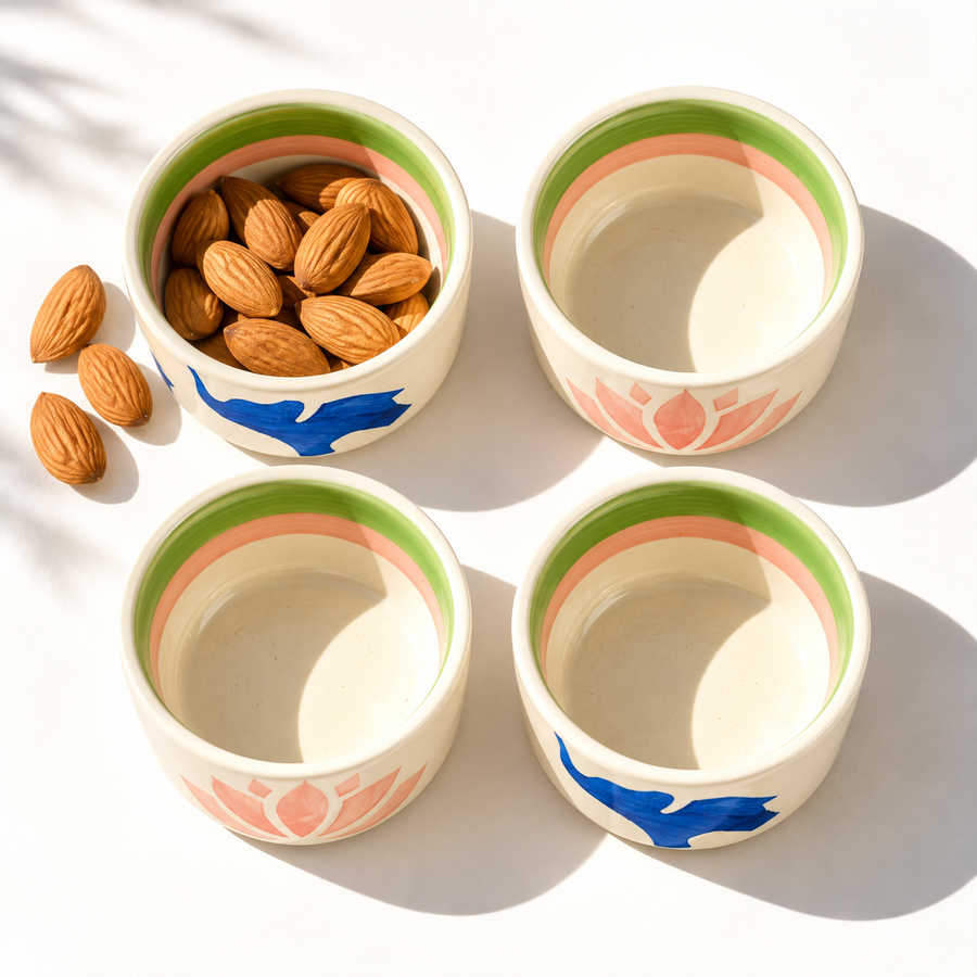 Lucky Lotus Handpainted Ceramic Ramekin Bowls Set of 4